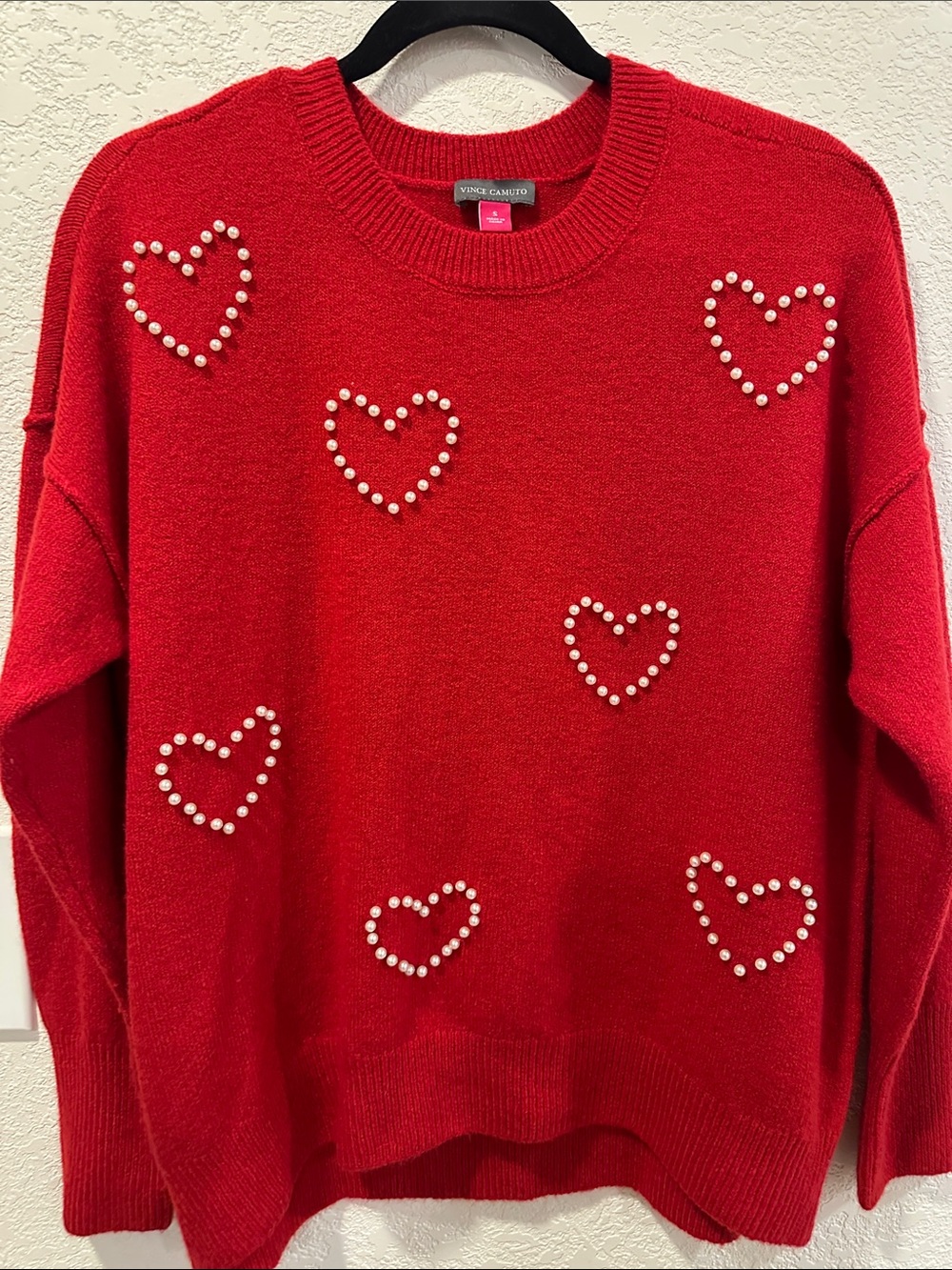 Vince Camuto Red Crewneck Sweater with Pearl Heart Accents